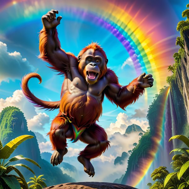 Imagen de un salto de un orangután en el arco iris