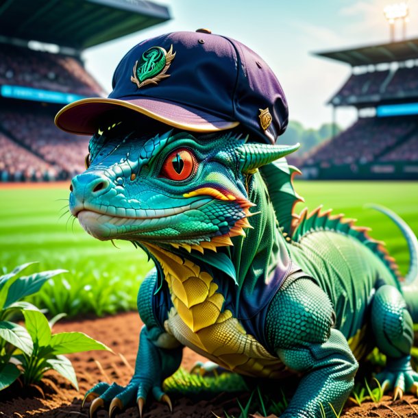 Picture of a basilisk in a cap on the field