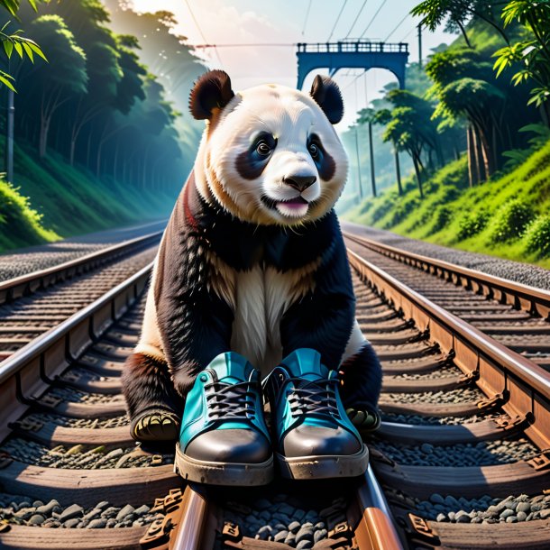 Photo of a giant panda in a shoes on the railway tracks