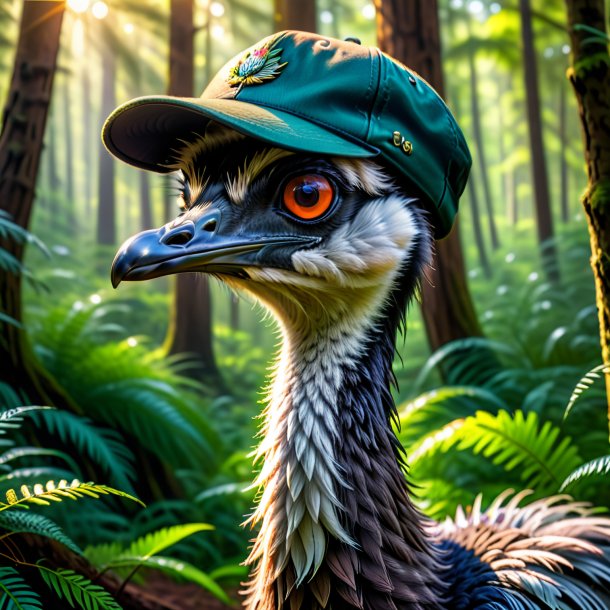 Foto de uma emu em um boné na floresta