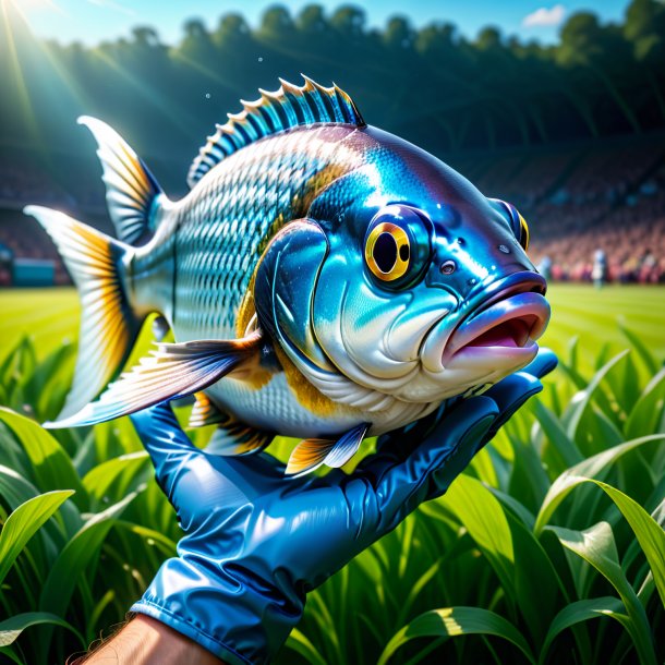 Retrato de um peixe em uma luva no campo