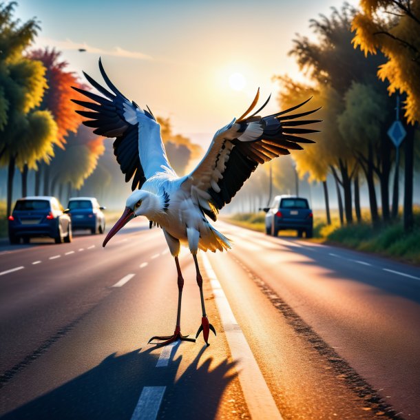 Photo d'une cigogne dans un gants sur la route