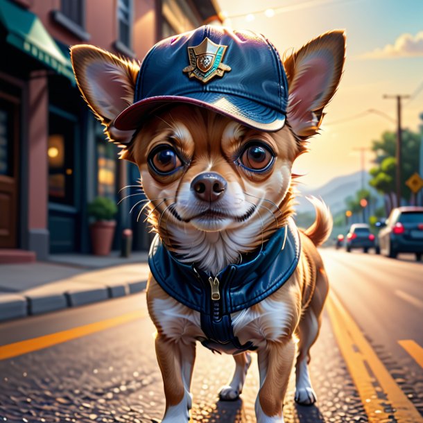 Dibujo de un chihuahua en un gorro en el camino