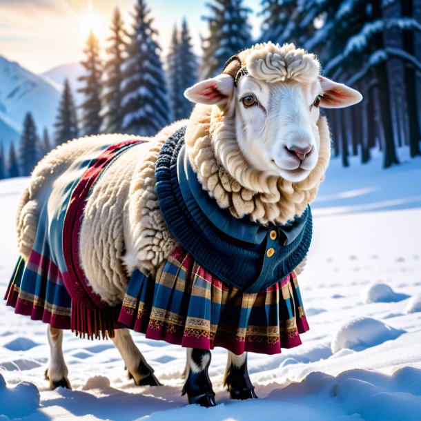 Photo of a sheep in a skirt in the snow