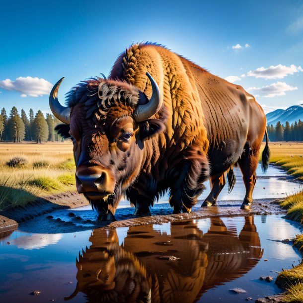 Photo of a resting of a bison in the puddle