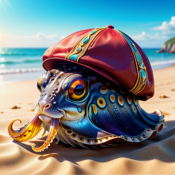 Illustration of a cuttlefish in a cap on the beach