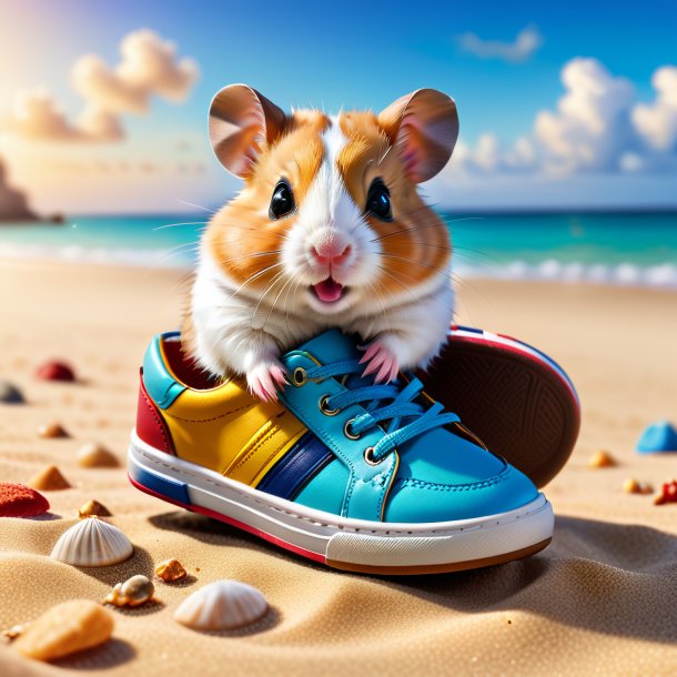 Picture of a hamster in a shoes on the beach