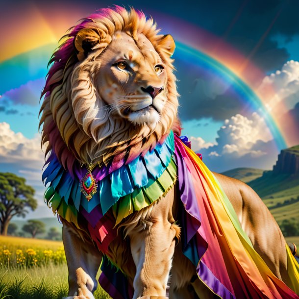 Foto de un león en un vestido en el arco iris