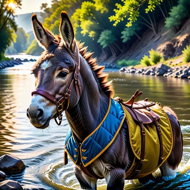 Image of a donkey in a vest in the river