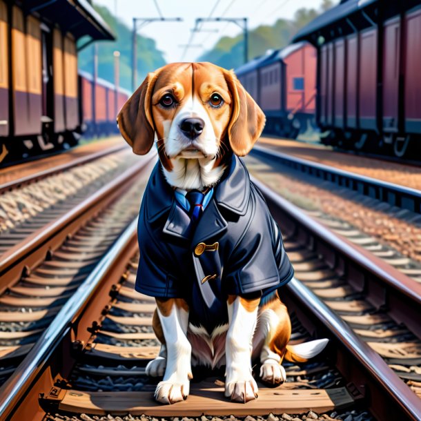 Desenho de um beagle em um casaco nos trilhos ferroviários