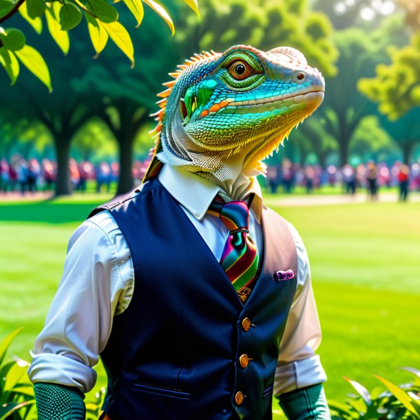 Pic d'un lézard dans un gilet dans le parc