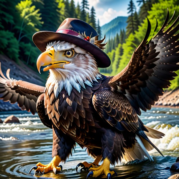 Photo of a eagle in a hat in the river