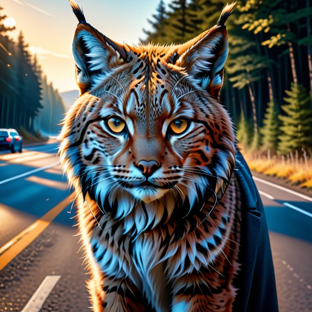 Illustration of a lynx in a coat on the road