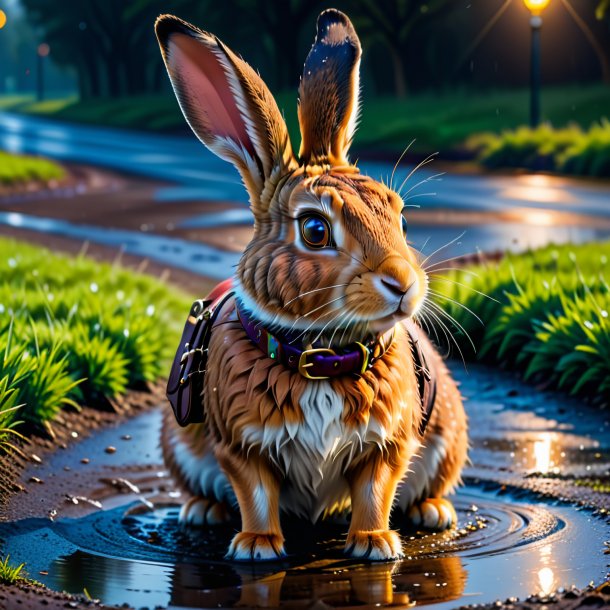 Picture of a hare in a belt in the puddle