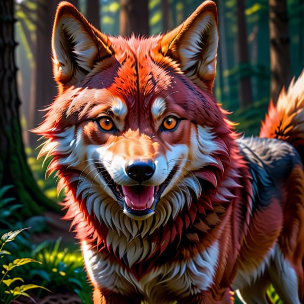 Foto de um lobo sorridente vermelho