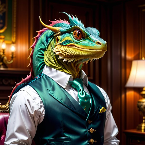 Image of a basilisk in a vest in the house