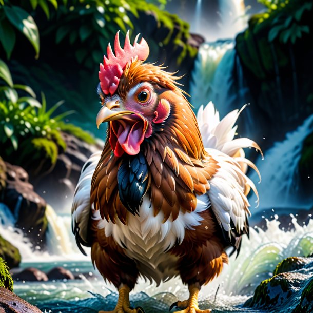 Image of a angry of a hen in the waterfall