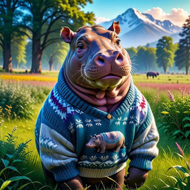 Picture of a hippopotamus in a sweater in the meadow