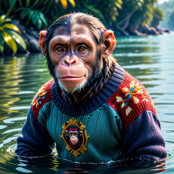 Image of a chimpanzee in a sweater in the water