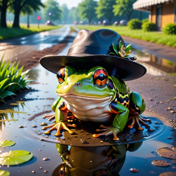 Photo of a frog in a hat in the puddle