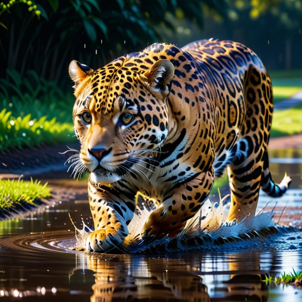 Foto de un juego de un jaguar en el charco