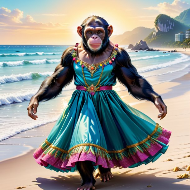 Illustration of a chimpanzee in a dress on the beach