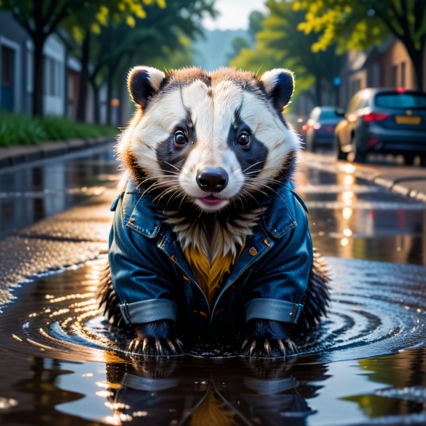 Photo of a badger in a jeans in the puddle