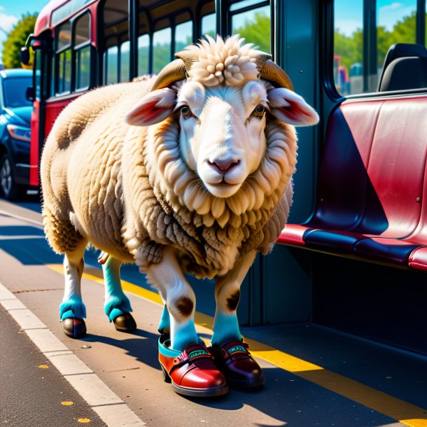 Foto de uma ovelha em um sapato no ponto de ônibus