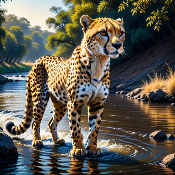 Drawing of a cheetah in a trousers in the river