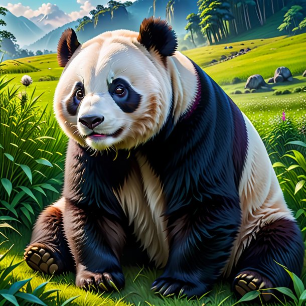 Picture of a resting of a giant panda in the meadow