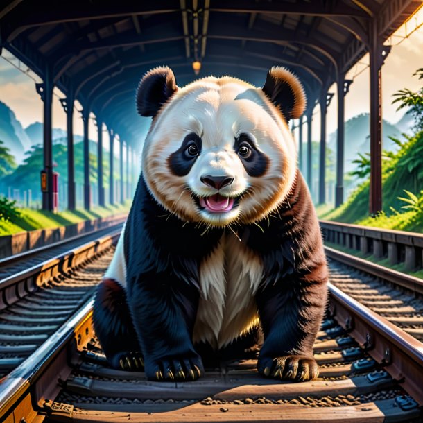 Image of a smiling of a giant panda on the railway tracks