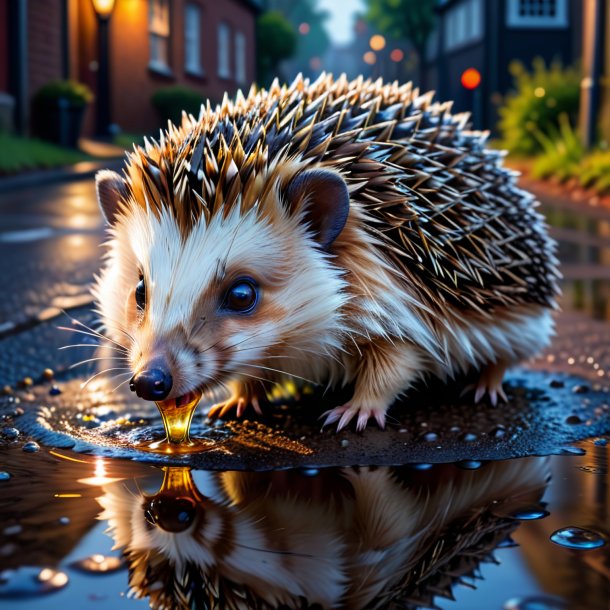 Pic of a drinking of a hedgehog in the puddle