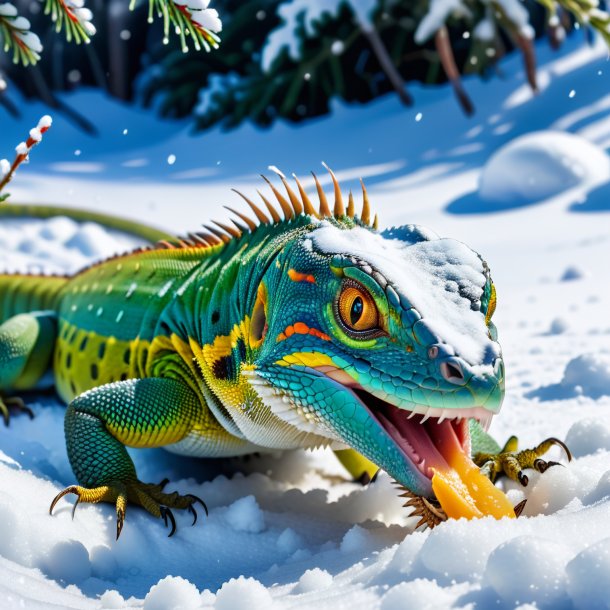 Imagem de um comer de um lagarto na neve