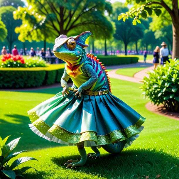 Photo of a chameleon in a skirt in the park