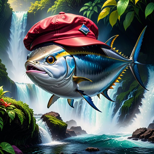 Picture of a tuna in a cap in the waterfall