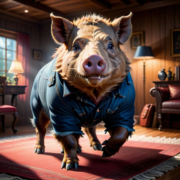 Picture of a boar in a jeans in the house