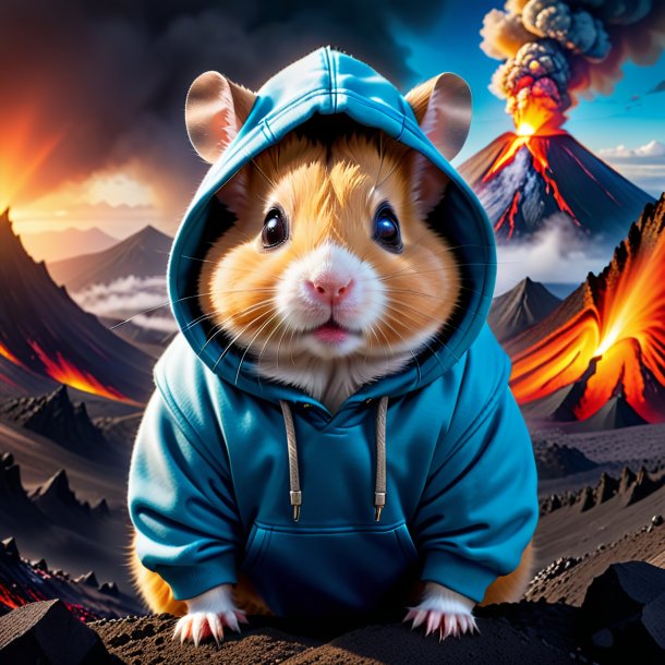 Photo of a hamster in a hoodie in the volcano