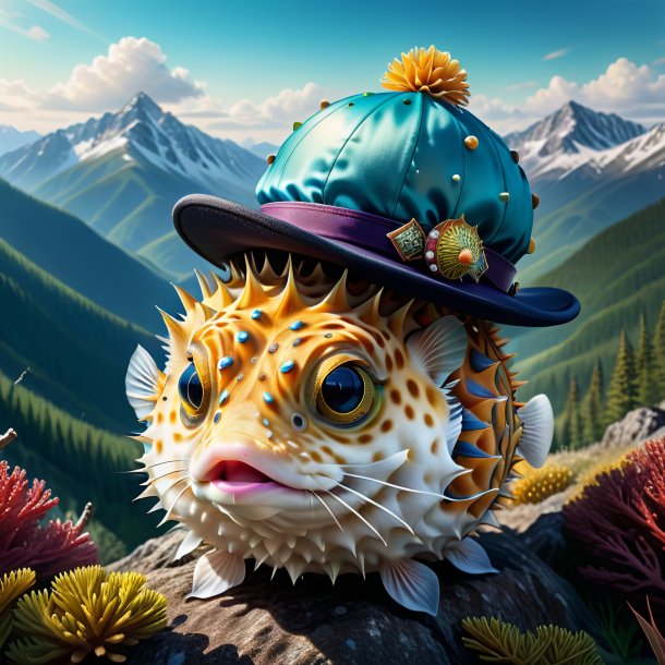 Drawing of a pufferfish in a hat in the mountains