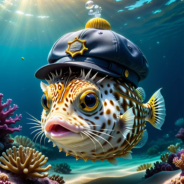 Drawing of a pufferfish in a cap in the sea