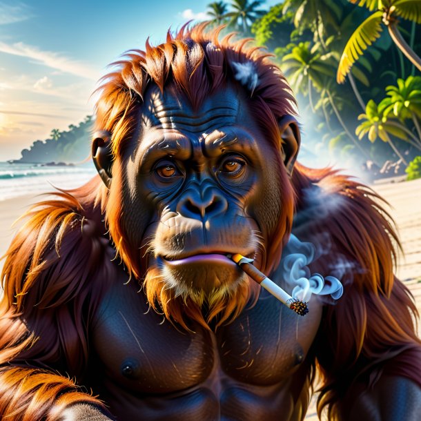 Picture of a smoking of a orangutan on the beach