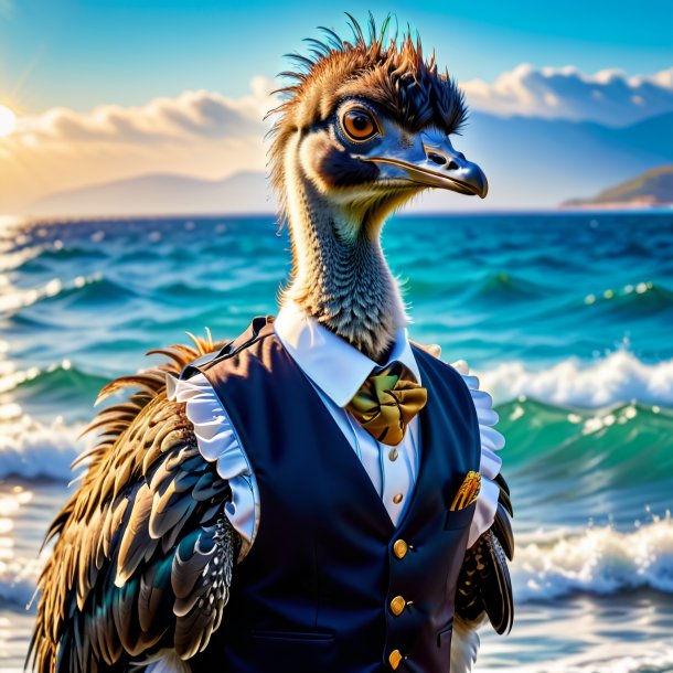 Picture of a emu in a vest in the sea