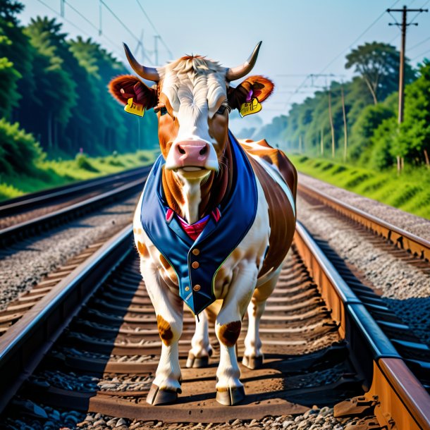 Foto de uma vaca em um colete nos trilhos ferroviários