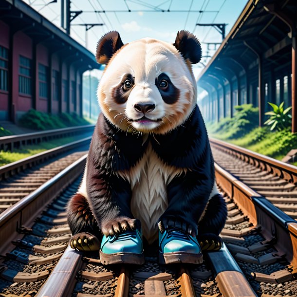 Picture of a giant panda in a shoes on the railway tracks