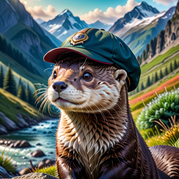 Image d'une loutre dans une casquette dans les montagnes