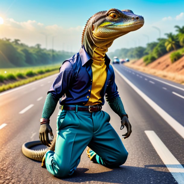 Imagem de um monitor lagarto em uma calça na estrada