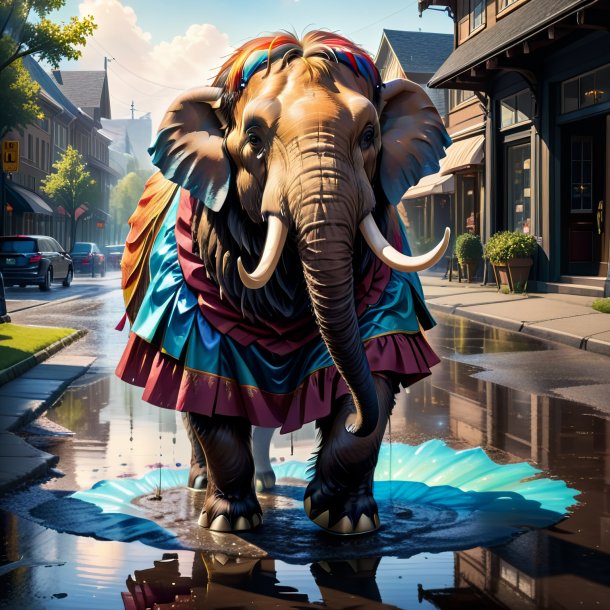 Drawing of a mammoth in a skirt in the puddle