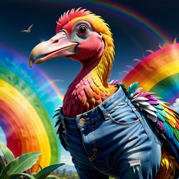 Dibujo de un dodo en un jeans en el arco iris