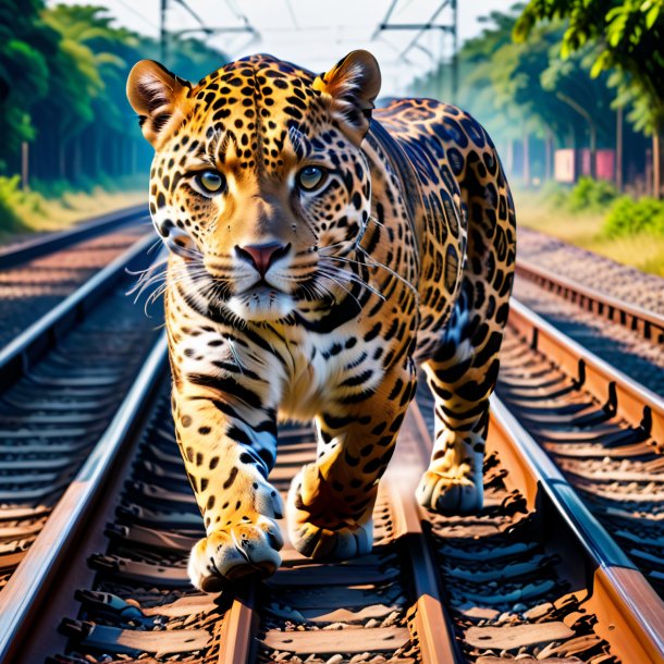 Imagem de um jaguar em um sapatos nos trilhos ferroviários