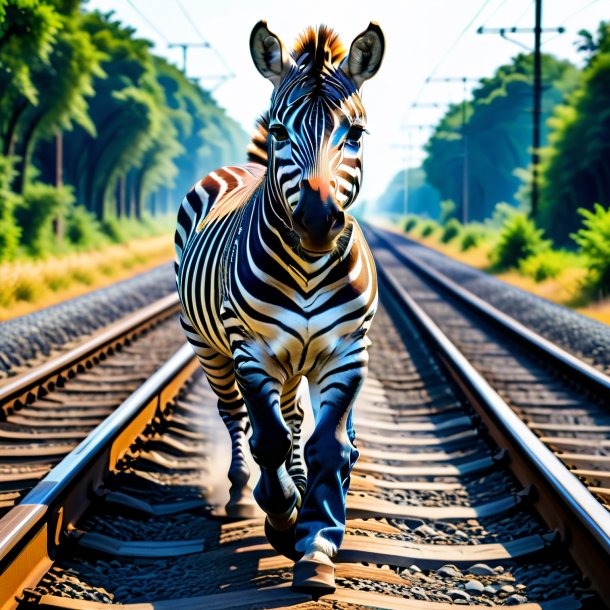 Photo of a zebra in a jeans on the railway tracks