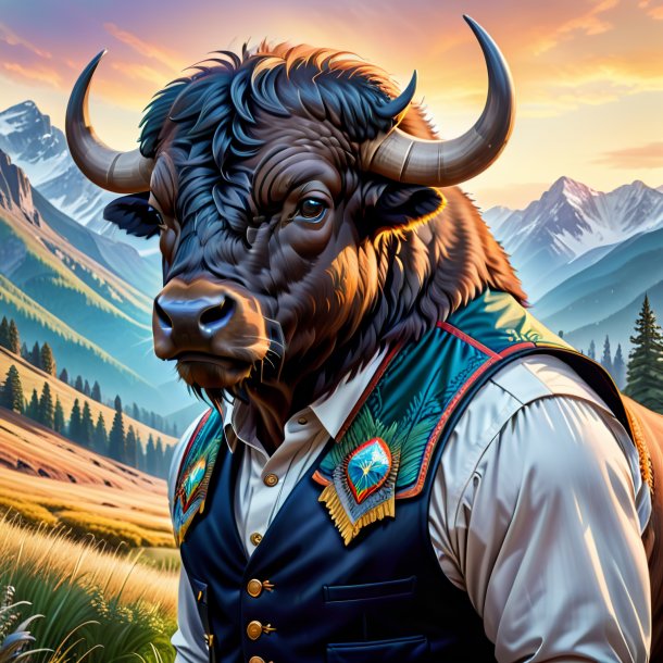 Illustration of a buffalo in a vest in the mountains